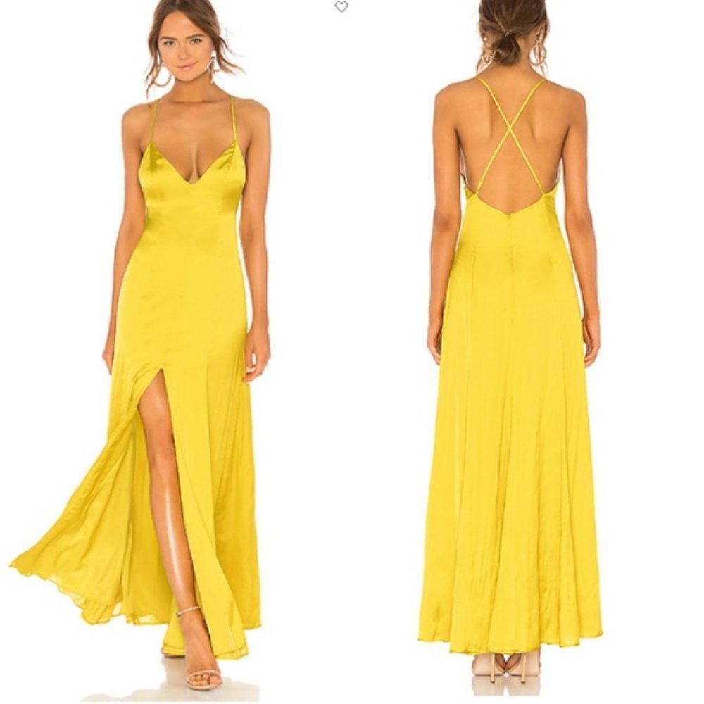 Lovers + Friends Bermuda V Neck Strappy Slit Yellow Silky Maxidress Small
